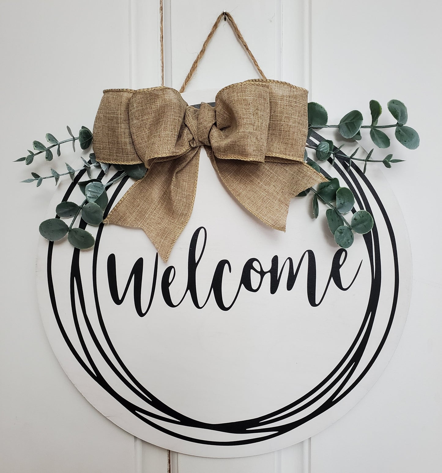 14" White washed welcome door hanger-Eucalyptus