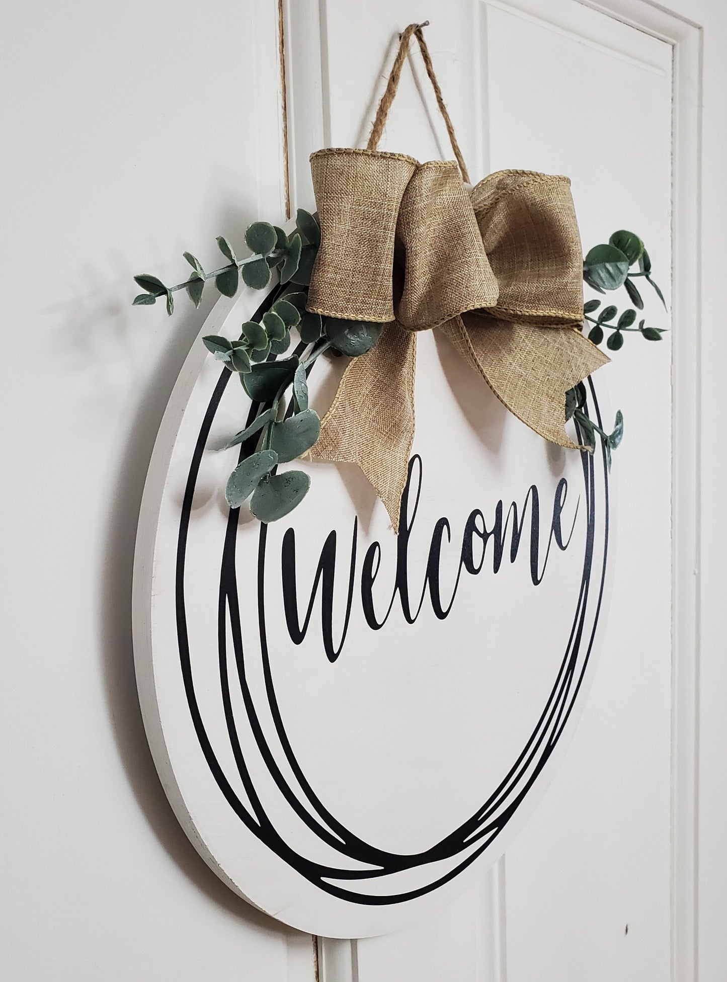 14" White washed welcome door hanger-Eucalyptus