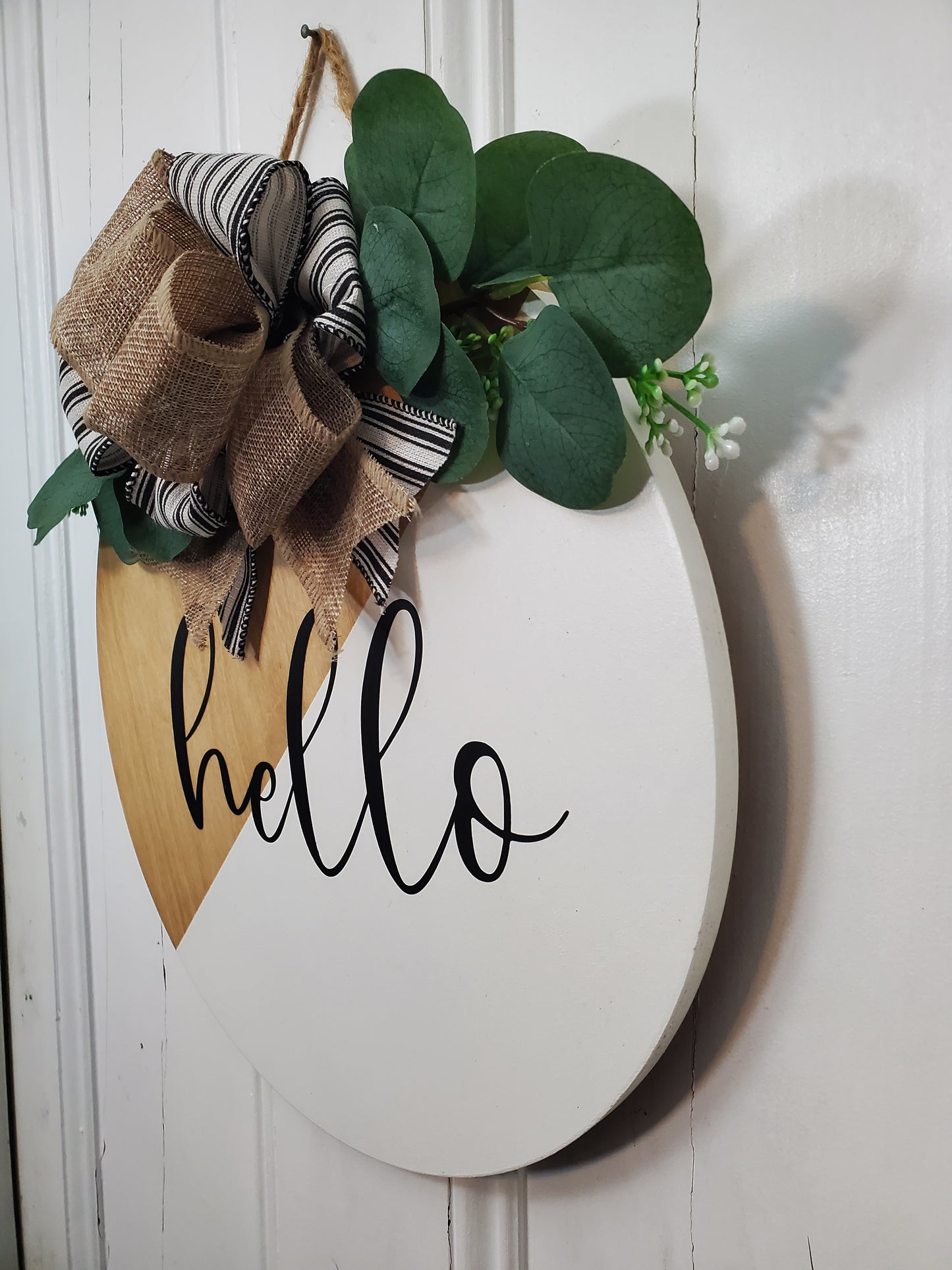14" Hello door hanger -golden oak