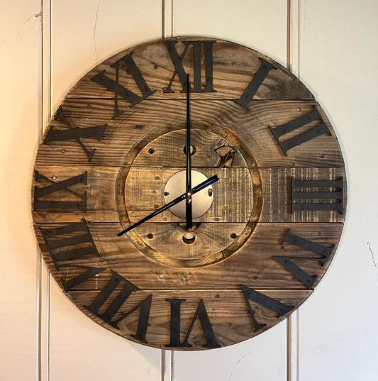 25.5" 3D Indoor Spool Clock Roman numerals - Rustic Brown