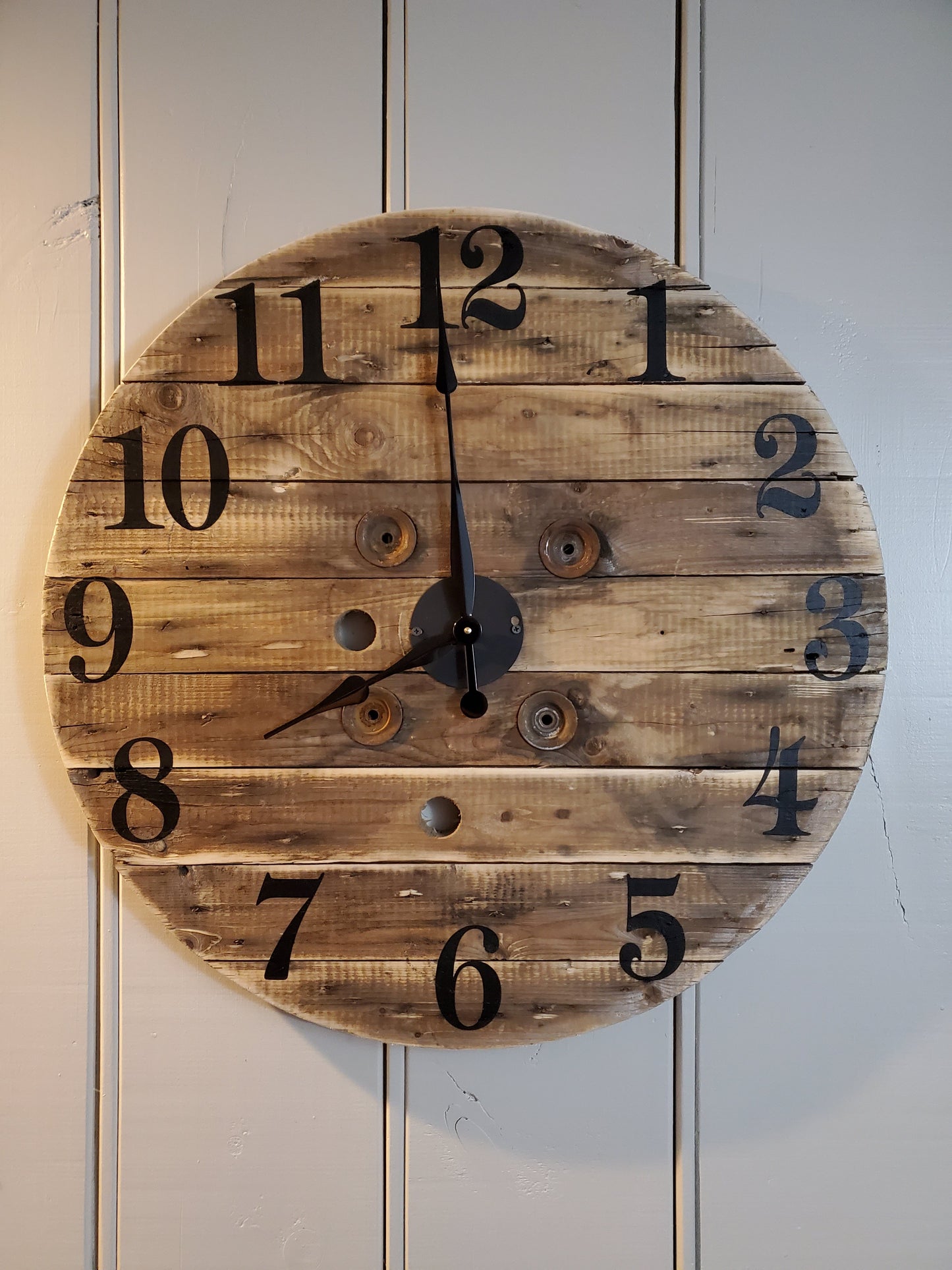 29.5" Rustic Spool Clock- Natural brown