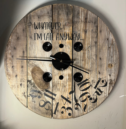 23" Indoor Spool Clock - I'm late anyway -Natural light brown