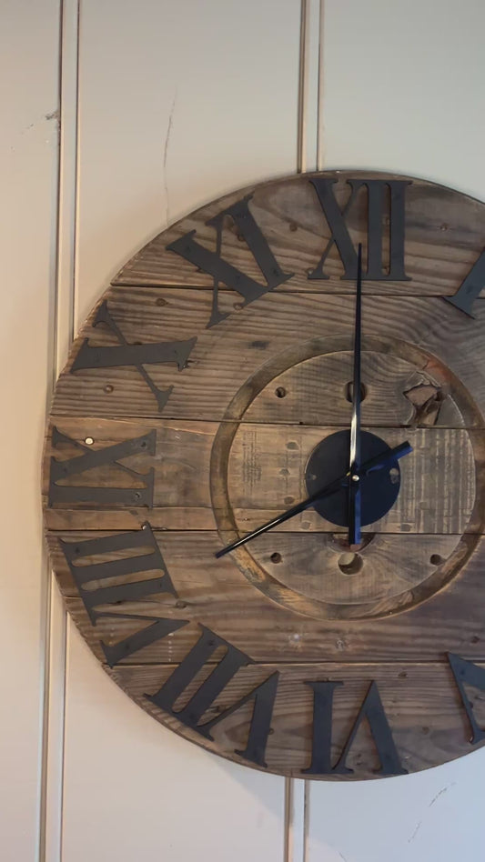 25.5" 3D Indoor Spool Clock Roman numerals - Rustic Brown